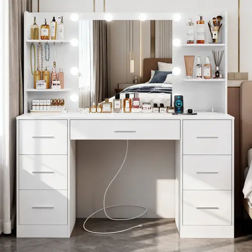 Modern Lighted Vanity Desk Set with LED Lights, 7 Drawers, Power Outlet, Adjustable Brightness, Easy Assembly, Durable Particle Board & Metal Brackets, Makeup Dressing Desk for Bedroom Makeup Routine tiktokshopspringglowup, Multi-Drawer Makeup Vanities su