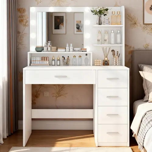 White LED Glam Modern Vanity Desk, Makeup Vanity with Adjustable Lights, Mirror, 5 Drawers, 3 Shelves, 3 Levels of Cabinets, Durable Particle Board Design, Easy Setup, Modern Dresser for Indoor Use