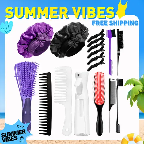 【SUMMER VIBES】17 Counts Hair Brush Set for Women Men Kids Detangler Brush Wide Tooth Comb Nylon Bristle 9-Row Brush Satin Bonnet  Styling Tools Purple Love At First Find,back to school