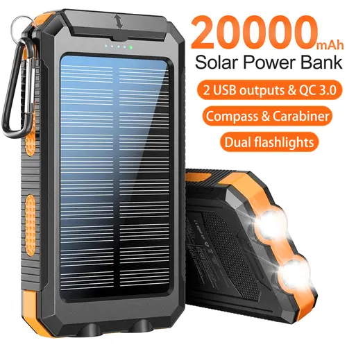 20000/30000mAh Solar Power Bank - Portable Solar Charger with Dual Outputs, Fast Charging, LED Flashlight, Compass, Carabiner Clip, Micro USB, USB Type-C, Fathersday Gift for Mobile Phones, Cameras & Devices, Outdoor Travel Gadget Accessory