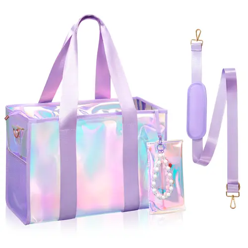 Women's Cute Iridescent Jelly Tote Bag, 26L Waterproof Transparent Plastic Bag with Zipper, Phone Pouch & Tip-Proof Crossbody Strap, Travel Accessory for Women, Bags For Women, Transparent Plastic Women's Tote Bags