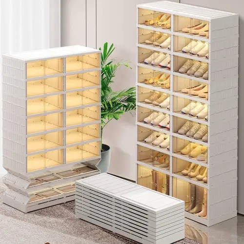 9-Tier Foldable Shoe Rack Organizer - TikTokShop Black Friday Plastic Closet Storage, Holds 18 Pairs, Collapsible Stackable, Narrow Dustproof, Adjustable for Small Spaces, NLDD Home Organizer