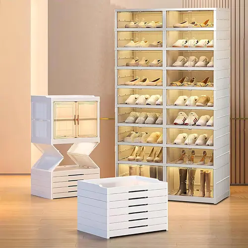 Plastic Rectangle Folding Shoe Rack Organizer - 2 Packs of (8+1 Layers) Collapsible Shoe Storage, Transparent Closet Wardrobe Dorm Room Organizer, Space-Saving Home Storage Holder for Compact Spaces