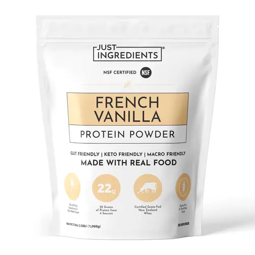 Just Ingredients French Vanilla Protein Powder – 30 Serving Bag – Grass-Fed Whey & Plant Protein Blend with Real Vanilla Bean – Sweetened with Coconut Sugar & Monk Fruit, Non-GMO, Gluten-Free