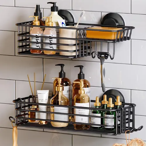 TAILI Black Metal Suction Cup Shower Caddy 2-Pack - Bathroom Accessory Set, Rust-Resistant Heavy-Duty No-Drill Organiser with Hooks, Soap Holder, Suction Bathroom Trays, Multi-Piece aw920us4