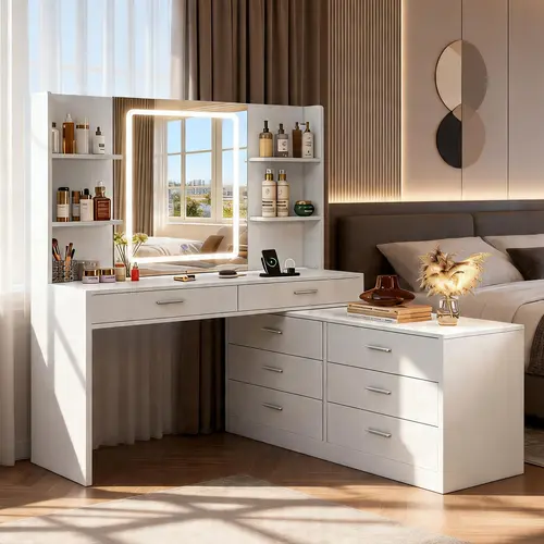 63.5 in Modern Durable Sturdy Makeup Vanity Desk - Freestanding Indoor Furniture with Adjustable LED Backlit Mirror, 8 Drawers, Open Shelves, Mirror Cabinet for Cosmetics Storage