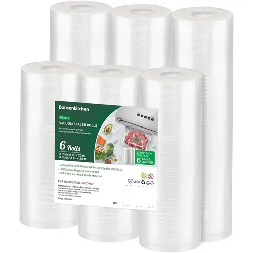 Bonsenkitchen Vacuum Sealer Rolls Bags, 6 Pack 3 Rolls 11" x 20' + 3 Rolls 8" x 20' Commercial Grade BPA Free Bag Rolls, Durable Customized Size Food Vac Bags for Storage and Sous Vide Cooking VB3211,home essentials,back to school,back to school haul