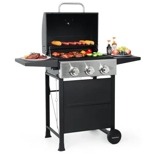 MASTER COOK 3-Burner Freestanding Propane Gas Grill, Stainless Steel 30,000 BTU Outdoor Patio Balcony All-Season Barbecue with 2 Foldable Shelves & Grill Grates