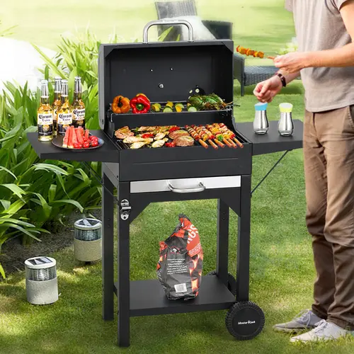 MASTER COOK Portable Metal Frame Charcoal Freestanding Grill - 2 Side Tables, 332 SQIN Cooking Area, Outdoor Bbq Pit for Smoking Meats, Party, Picnic (Black), Bbq Charcoal Grills, Outdoor Cooking Barbecue, Portable Bbqs