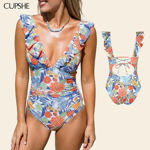 CUPSHE Floral Plunging Flutter Strap Tummy Control One-Piece Swimwear Removable Soft Cups Back Cutout Summer Swimsuit (XS-XXL) Bathing suit #DealsForYouDays
