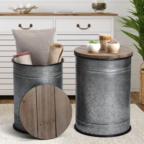 PieDle Farmhouse Accent Side Table, Rustic Storage Ottoman Seat Stool, Galvanized Antique Metal End Table Box Bin with Wood Lid, Coffee or Cocktail Table,Nesting Pieces Two