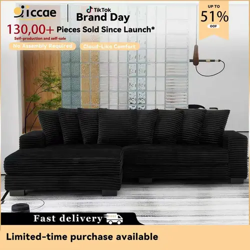 【3 Packages Shipping】 Niccae 111.63'' Oversized L-Shaped Corduroy Sofa (L/R Chaise + 8 Pillows + Adjustable Ottoman) – Easy Assembly, Cloud-Like Living Room Comfort