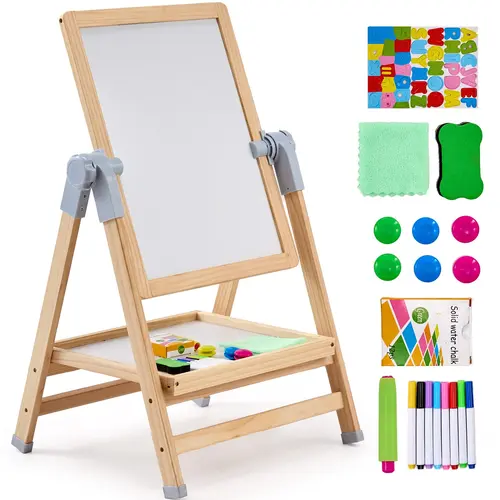 【toolupgrade】VEVOR 2-in-1 Kids Adjustable Standing Magnetic Drawing Board Easel - Double-Sided Wooden Whiteboard & Chalkboard, Non-Toxic Wood Frame Learning Tool with 6 Clip Magnets, Toddler Gift for Father's Day, Christmas, Kids Outdoor Play Item, Stand