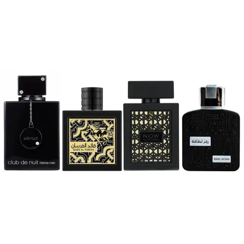 Lattafa 4-Piece Fragrance Gift Pack - RAMZ SILVER, RAVE NOW BLACK (Men), CLUB DE NUIT INTENSE (Men), QAED AL FURSAN EDP with Blueberry Notes for Everyday Use, Arabian Perfumes, Aromatic Woody Fragrance
