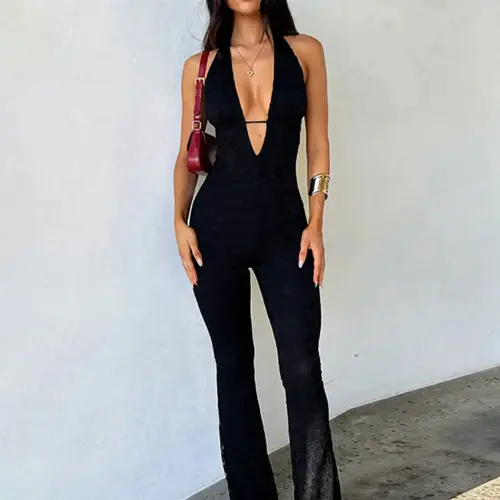 Women's Plain Halter Neck Tie Back Jumpsuit, Casual Sleeveless Backless Jumpsuit for Daily Wear, Ladies Clothes for All Seasons Overalls, Skinny Jumpsuit, Casual Jumpsuits, Knit Halter Jumpsuit, Fitted Sleeveless Jumpsuit