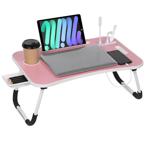 Richland Laptop Bed Desk, Portable Foldable Laptop Table for Laptop & Writing, 23 inch Bed Lap Desk Tray Table with 4 USB Ports, Storage Drawer and Cup Holder, for Working Writing Drawing & Eating