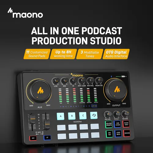 MAONO USB Studio Mixer & Audio Interface Soundboard - Plastic Cordless Podcast Setup Kit for Content Creators, XLR Support, Smartphone Compatible, Noise Reduction, Bluetooth, Button Controls, Adapter Cable, Manufacturer Warranty, Mobile Use, User