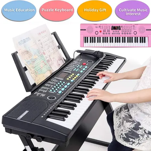 61-Key Multifunction Kids Beginner Electronic Keyboard, Portable Digital Music Instrument with 100+ Sounds, Early Education Tool, Microphone & Music Sheet Stand