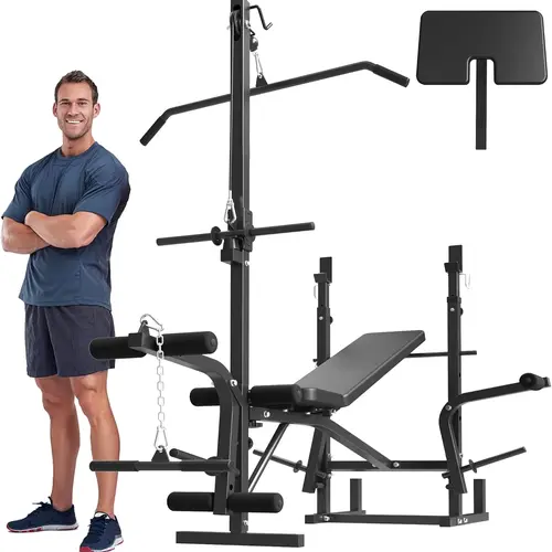 8 in 1 Olympic Weight Bench Set with Leg Extension and Leg Curl, Multi-Function Bench Press Set with Preacher Curl Pad and Chest Fly, Full-Body Strength Training Equipment Workout Station Workout Machine