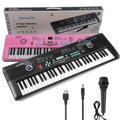 61-Key ABS Portable Digital Piano Keyboard Kit for Kids Beginners, Unisex Musical Instrument with Built-In Dual Speakers, Microphone, Battery, Compact Music Gift for Christmas