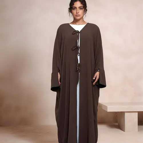 Women's Solid Color Tie Front Open Front Robe Caftan, Casual Long Sleeve Long Dress for Daily Wear, Ladies Islamic Clothing for All Seasons, Modesty Muslim Clothing, Muslim Women Gowns, Modest Muslim Outfits, Islamic Modesty Clothes, Muslim Kaftan Dress