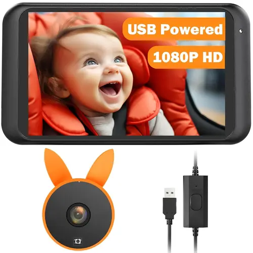 Babyvue Baby Car Camera for Rear Facing Car Seat, 1080P Car Seat Camera, Car Monitor for Baby, Baby Camera for Car with USB Power, Clear Night Vision, 360° Rotating, for Infants and Toddlers，Car Mirror，New Moms Gift, Summervibes