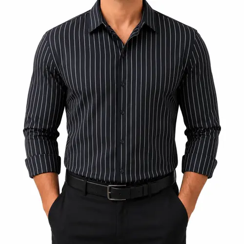 Royaura Men's Thickened Stretch Long Sleeve Striped Crew Neck W Neck Shirt - Fitted Cut, Casual Classy Menswear, Business Wear, Outdoor Use, Father's Day Gift, W Neck Shirts