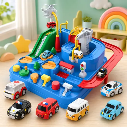 Kids Race Track Car Set, Interactive Parking Garage Toy with Mini Cars, Ramps, Slides and Road Signs for Boys Girls