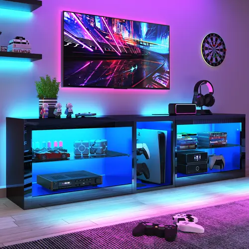 63 inch LED TV Stands W/Power Outlet,Black Entertainment Center W/70000-Colors Lights,High Gloss LED TV Console w/Adjustable Glass Shelves for Living Room Gameroom