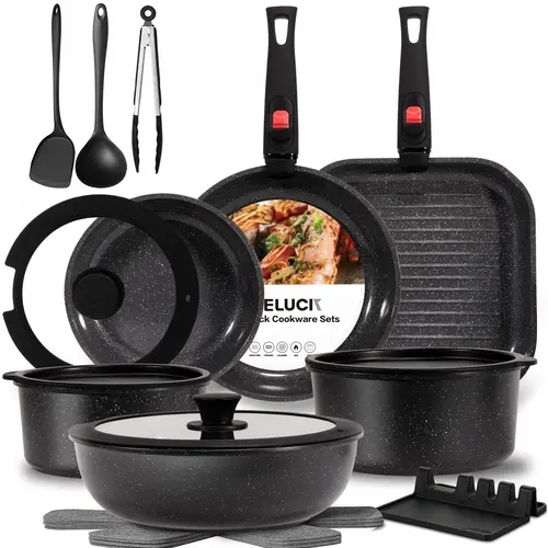【Top Seller】USELUCK 6-Pan 20 Piece Detachable Handle Cookware Set, Non-Stick Stackable Pots & Pans, Oven Safe, Induction Compatible, Space-Saving RV Kitchen Set with Lids,home essentials