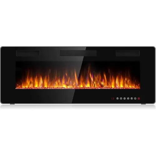 PUKAMI Ultra-Thin Silent Linear Electric Fireplace Furniture - 3.85in Thick 1500W Power Heated Home Heater with Automatic Heating System, Tempered Glass, 2x4 & 2x6 Stud Fit, 12 Adjustable LED Light Flame Colors, Speeds, Flame Control, Timer, Indoor Use, 1