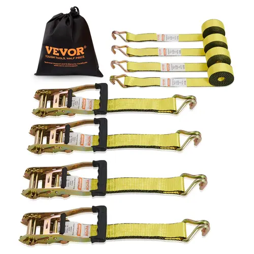 VEVOR Heavy-Duty D-Ring Ratcheting Straps (4PK) - 2"x15' Long, 5000lb Break Strength, Adjustable Ropes, Quick Fasten, Padded Handles, Double J-Hooks, Cargo Trailer Securers for Lawn Equipment, Boats (Father's Day Gift)