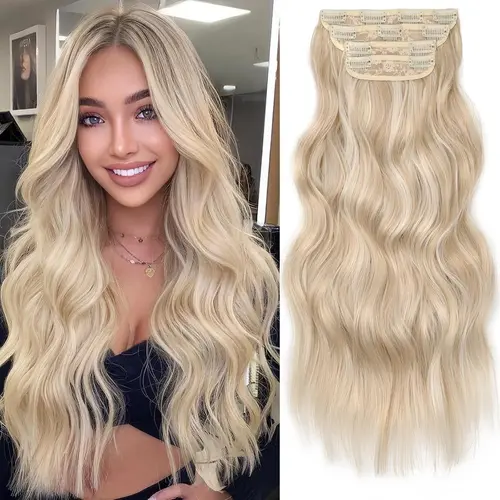 [KooKaStyle]  Clip in Long Wavy Synthetic Hair Extension 24 Inch Pearl Blonde 4PCS Thick Hairpieces Fiber Double Weft Hair for Women 613