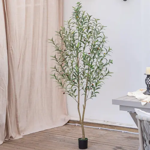 5/6/7/8FT Artificial Olive Tree with Black Pot, Tall Faux Silk Tree with Natural Wood Trunk and Lifelike Fruits