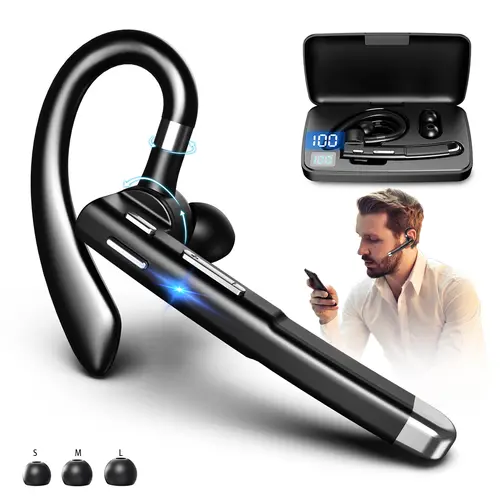 Wireless Bluetooth Earpiece with Built-in Mic, Noise Cancelling, Chargeable, Outstanding Listening, Electronic, Black with Black Case, for Office Phones, Supports MP3 Playback, Continuous Talk Time tiktokshopbacktoschool