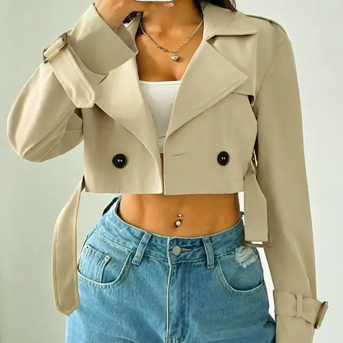 Women's Plain Fitted Crop Trench Coat - Solid, Double-Button, Belted Lapel Neckline, Long-Sleeve, Casual Womenswear Outerwear for Spring & Fall, Daily Wear Tops Lady Blazer Jacket Cropped Blazer