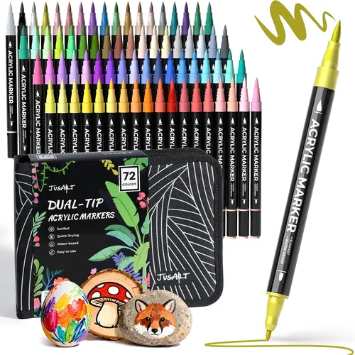 [Back to School Shopping] Dual-Tip Acrylic Markers Set - 72/48/36 Colors, Brush & Fine Tips, Premium for Multiple Surfaces, W/ Painting Bag, Stickers, Practice Booklet, Art Marker Pens, Crafting Kit for Kids Crafting, Paint Night, Creative Vibes