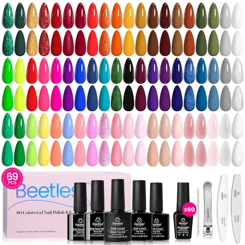 Beetles UV Gel Nail Polish Set, 69PCS 60-Color Christmas Manicure Kit with Base Coat, Glossy-Matte Top Coat, White Glitter, Red, Green, Brown, Blue, Nude, Pink Gel - Daily Cosmetic Nail Art Gift for Women