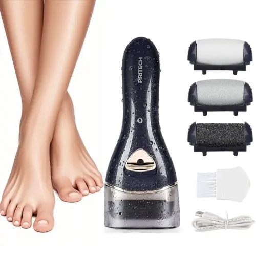 PRITECH Electric Feet Callus Remover Set - Rechargeable, Portable, Cordless Pedicure Tool for Dead, Hard, Cracked Skin - Water Proof, 2-Speed, 3-Roller Scrubber - Best Gift for Foot Care.