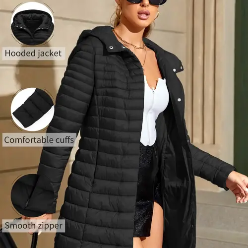 Women's Mid-Length Puffer Coat, Basic Casual Hooded Button Long Sleeve Jacket with Pockets, Womenswear Fall & Winter Warm Woven Outerwear, Lightweight Thick Fabric, Lady, Sleeve