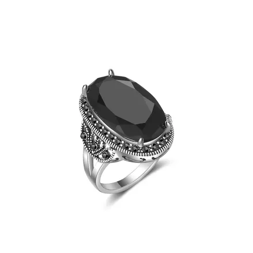 Aprilery Black Oval Cocktail Ring, Large Black Stone Statement Ring, Gothic Vintage Filigree Ring, Bold Silver Tone Fashion Jewelry Gift for Women