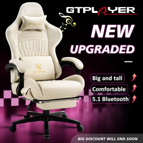 GTPLAYER High-Back Ergonomic Gaming Recliner Chair - Leather/Metal Build, 150° Recline, Curved Back, Linkage Arms, Footrest, BT Stereo Sound, Springtok Surround Sound, Rolling, Ergonomic Curve Supports You, Gaming-Work-Study Ready Indoor Furniture