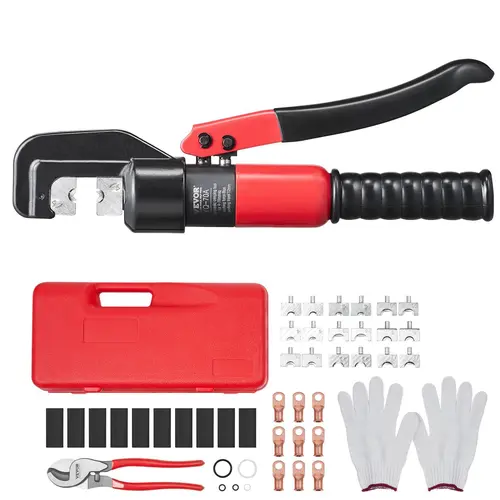 【summerfinds】VEVOR Hydraulic Crimping Tool Kit Set with 9 Dies (AWG12-2/0 for Copper/Aluminum Terminal Battery Lugs), 0.43"/11mm Stroke, 1 x Wire Cutter, Wire Cutter Head Plier Sets, 1 x Gloves, 10 Copper Ring Connectors, 8 Heat Shrink Sleeves, 1 Set,