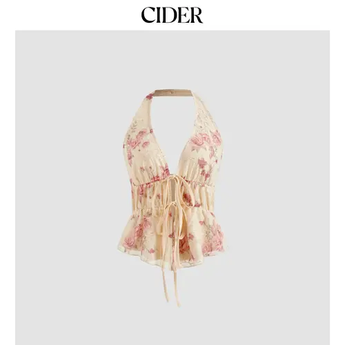 Cider [2 colors, size 0-10] Halter Neckline Floral Knotted Tank Top