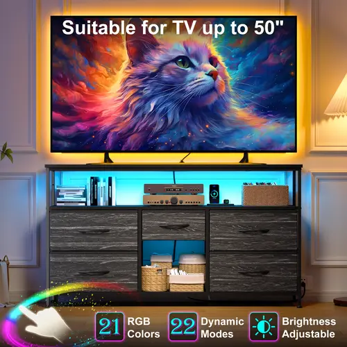 【Storage TV Stands】Raybee 30'' H Dresser with 5-8 Drawers,Old School & Chill Vibe TV Stands with Cabinets for Living Room with LED & Charge Station(2 USB Ports & 2 Power Outlets), Match 50 Inches TV,Combining Aesthetics with Practicality, Modern Tv Stand,
