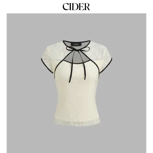 Cider [size 2-10] Round Neckline Floral Contrasting Binding Cut Out Knotted Short Sleeve Top SummerWins SummerFinds