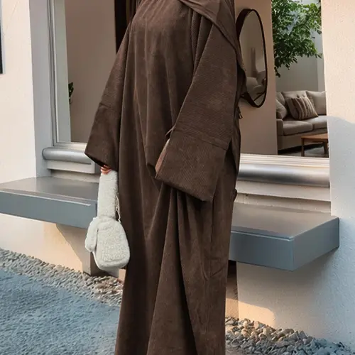 Women's Solid Color Split Sleeve Corduroy Robe, Modest Long Sleeve Round Neck Robe for Fall & Winter, Women's Islamic Clothing for Daily Wear, Islamic Modesty Clothes, Modest Muslim Outfits, Modest Clothes