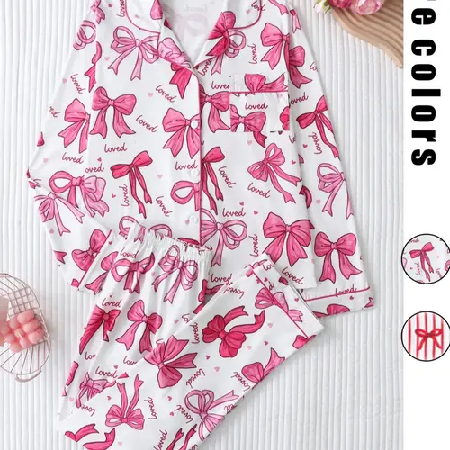 2-Piece Christmas Valentine Heart Butterfly Print Striped Long Sleeve Women's Pajama Set, Button Front Top and Loose Comfortable Pants, Elegant Sleepwear