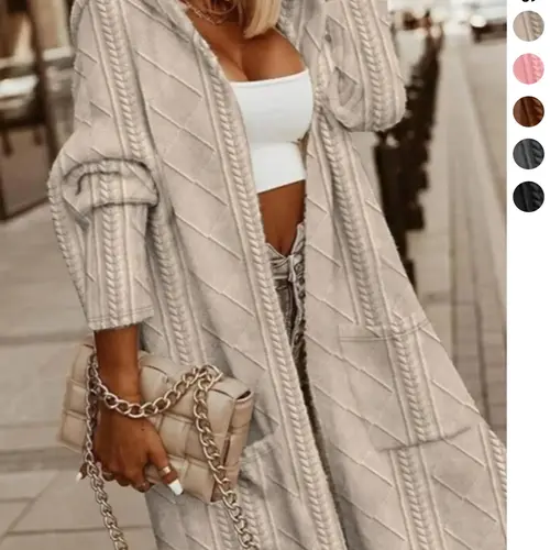 Plus Size Solid Pocket Drop Shoulder Hooded Jacket Coats, Casual Chic Outerwear, Casual Long Sleeve Open Front Outerwear for Fall & Winter, Womenswear for Daily Wear, Valentine's Day Gift