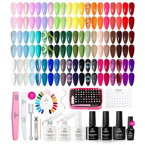 Beetles 60 Colors World Travel Gel Nail Polish Kit, Complete At-Home Manicure Set with Base, Peel-Off Base, Glossy & Matte Top Coats, Clipper, Tools, Storage, Glitter Nails Supplies, Gift for Women